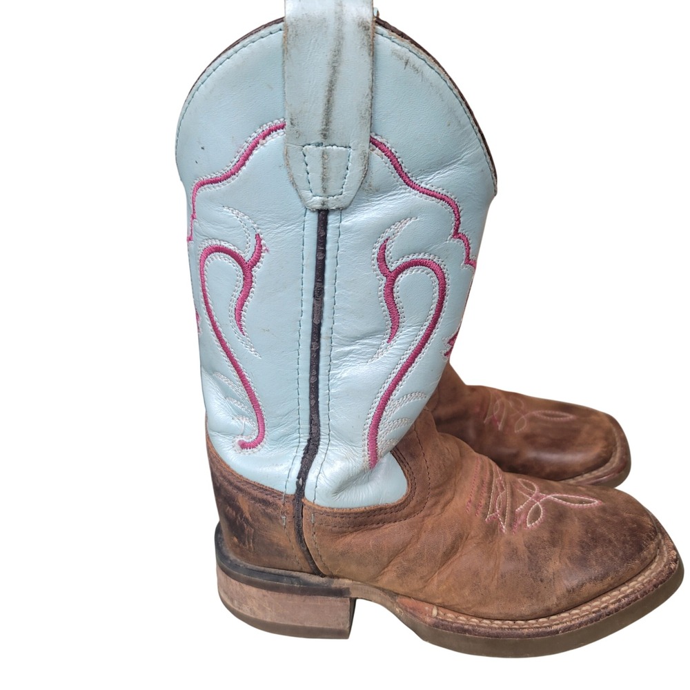 Old West Kids Brown Blue Leather Square Toe Cowboy Cowgirl Boots Size 9.0 D - Picture 5 of 8
